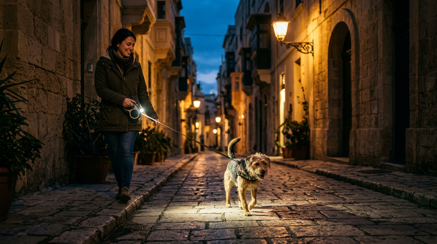 Evening dog walk with a lit retractable leash on a Maltese street