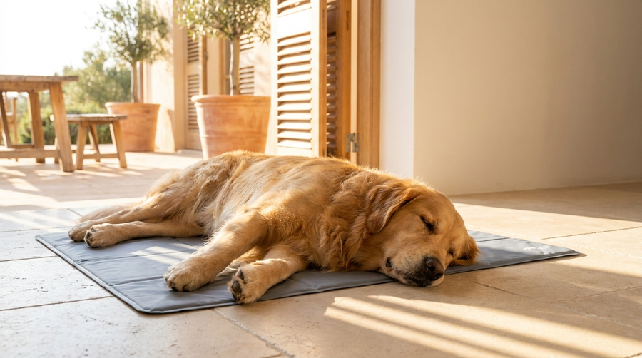 Dog asleep stretched out on a cooling mat